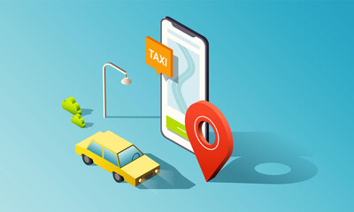 Isometric phone with road, taxi car and red location pin. 