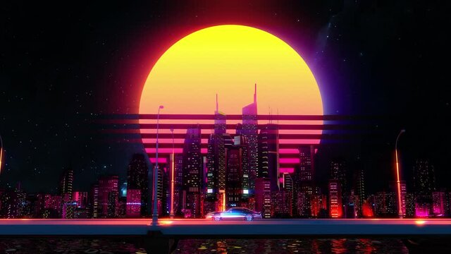 Night city ride, car animation in neon lit megalopolis, synthwave, retro vibe