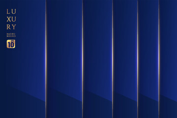 Dark blue rectangle shape metallic glossy abstract background. Overlapping perspectives layer shadow with shiny golden stripes line style. Luxury and elegant concept. Vector illustration