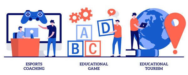 Esports coaching, educational game, educational tourism concept with tiny people. Cyber sport training, entertaining studying, worldwide travel abstract vector illustration set © VZ_Art