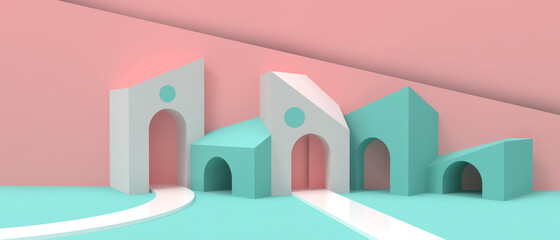 Business concept. Abstract Architecture Background and Home Origami Paper Art style with Minimal Concept on Green . Copy space, inspiration, website, poster -3d Rendering