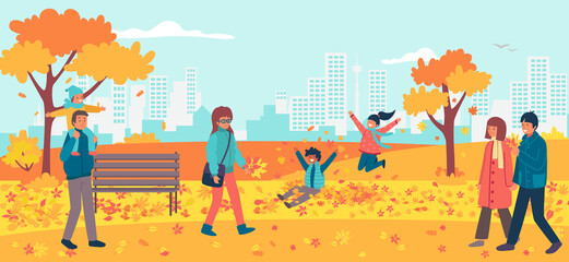 Cheerful walk national autumn park, character male female together stroll urban garden flat vector illustration, romantic place.