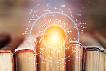Horoscope astrology zodiac illustration with old book