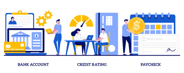 Obraz na płótnie Canvas Bank account, credit rating, paycheck concept with tiny people. Financial services cartoon abstract vector illustration set. Debit card payment, money savings, loan and deposit metaphor