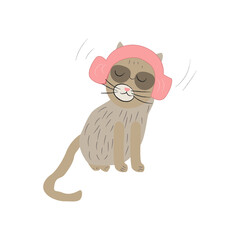 A funny hipster cat listening to the music through headphones. Vector illustration on white background.