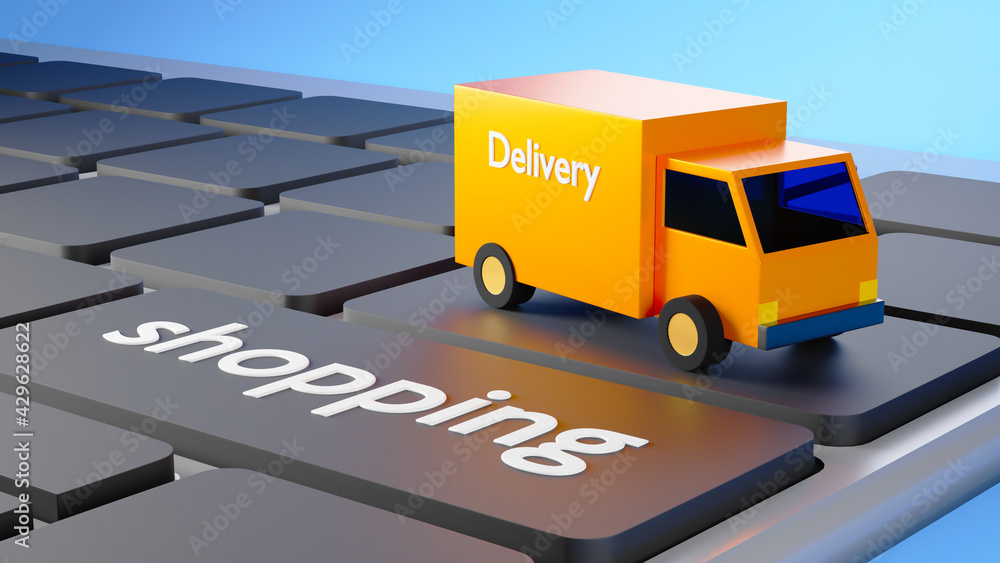 Aufkleber 3d render of delivery car on keyboard. business online mobile and e-commerce on web shopping concept