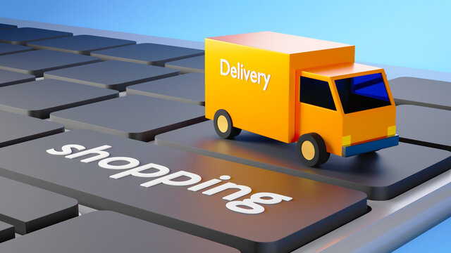 3D render of delivery car on keyboard. Business online mobile and e-commerce on web shopping concept. Secure online payment transaction with smartphone.