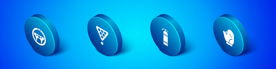 Set Isometric Steering wheel, Aqualung, Baseball glove and Billiard balls rack triangle icon. Vector