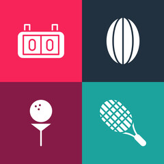 Fototapeta premium Set pop art Tennis racket, Golf ball on tee, Rugby and Sport mechanical scoreboard icon. Vector