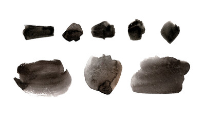 the texture of strokes of watercolor paint or black ink ink on a white background. A set of rectangular isolated spots of different shades black on white