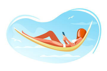 Hammock with woman sunbathing on beach on vacation vector illustration. Character reading on resort. Flat summer travel relax concept on blue sky backdrop isolated on white