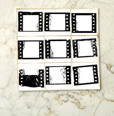 Printed contact sheet with empty camera film photo frames, free copy space, free copy space, mock...