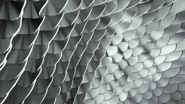 Abstract close up silver dragon scales animation background. 4K 3D seamless loop futuristic technology motion design, layered  art patterns ornaments texture background, looping animated wallpaper.