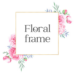 Hand drawn watercolor golden frame with pink peonies and crystals