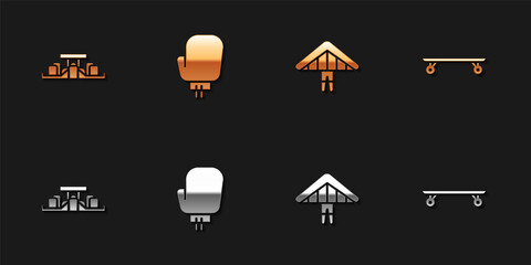 Set Formula 1 racing car, Boxing glove, Hang glider and Longboard skateboard icon. Vector