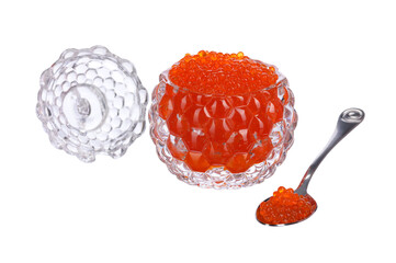 red sturgeon caviar in a glass caviar bowl with a lid with a spoon lying next to it on a white isolated background