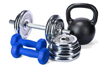 black kettlebell with blue and silver dumbbells and dumbbell pancakes on a white isolated background