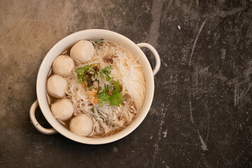 Vietnamese Noodle Soup, Vermicelli Noodle, Pork Ball in Ceramic Cup