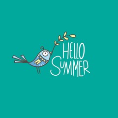 Greeting card with cute cartoon bird. Hello summer. Vector seasonal print. Funny doodle animal poster.