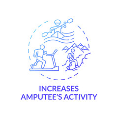 Increasing amputee activity concept icon. Prosthesis replacement idea thin line illustration. Maintaining physically active lifestyle. Sport knee joint. Vector isolated outline RGB color drawing