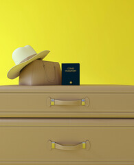 Beige yellow suitcase packed and ready for summer vacation 3D Rendering, covid 19 vaccine passport