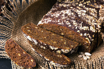 Sliced rye bread baked with sunflower seeds and linseeds.