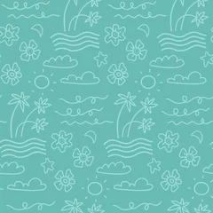 Fototapeten Island seamless pattern in the summer mood with waves, clouds, flowers, palm trees vector in hand drawn linear styledesign for fashion, fabric and all prints on light blue line © LanaSham