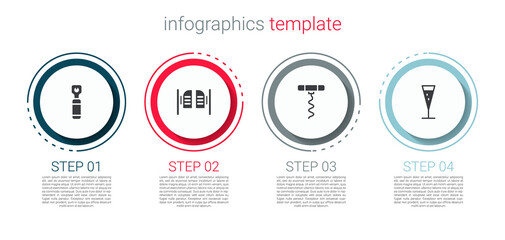 Set Bottle opener, Saloon door, Wine corkscrew and Glass of champagne. Business infographic template. Vector
