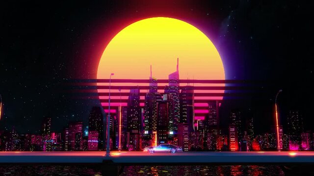 Animated car riding against night city background, vintage music video, game