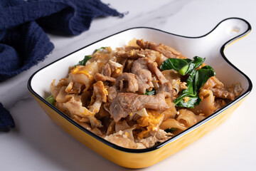 Stir fried noodles with pork in a plate on a gray background.