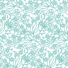 Seamless ornate pattern with flowers, tropical branches, palm leaves. Trendy fashion linear doodle illustration for fabric design.