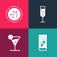 Set pop art Effervescent tablets in water, Martini glass, Glass of champagne and Alcohol 21 plus icon. Vector