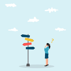 Business decision making, career path, work direction or choose the right way to success concept, confusing business woman looking at multiple road sign with question mark and thinking which way to go