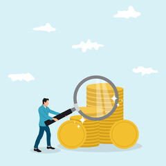 Businessman holding a giant magnifying glass to check money. Business growth, investment, financial crisis, loan, tax, financial consultation, salary, earnings and savings concept.