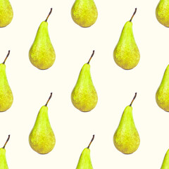 Green whole pear repeat seamless pattern on light background.