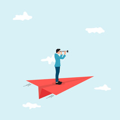 Business concept of vision. Conceptual with businessman on a red paper plane with a telescope .Symbol of the leader man, success, ambition, leadership, future.Vector illustration.