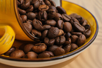 Arabica coffee beans in bright exotic yellow cup