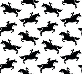 Vector seamless pattern of hand drawn girl woman riding show jumping horse silhouette isolated on white background
