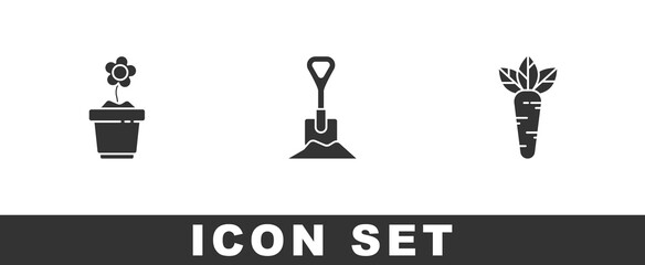 Set Flower in pot, Shovel the ground and Carrot icon. Vector