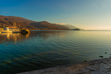 OHRID, NORTH MACEDONIA: View of the city and Lake Ohrid on a sunny day