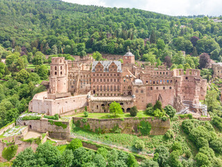 Aerial View of Heidelberger Schloss, a 16th century ruined castle on a hillside, Heidelberg, Baden-Württemberg, Germany.