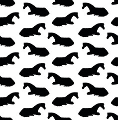 Vector seamless pattern of hand drawn laying horse silhouette isolated on white background