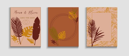 Abstract Elegant Vector Posters Set. Tie-Dye, Tropical Leaves Cards.