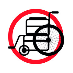 Fototapeta na wymiar Vector wheelchair silhouette in red circle isolated on white background. Disabled forbidden sign