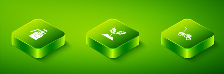 Set Isometric Plant, Lawn mower and Garden sprayer for fertilizer icon. Vector