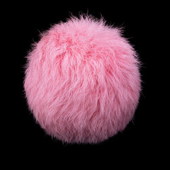 Close up of pink rabbit fur pompom isolated on black background