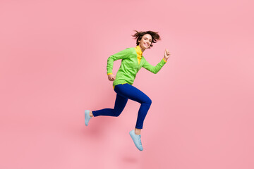 Fototapeta na wymiar Full length profile side photo of brown bob haired woman jump air run empty space discount isolated on pink color background