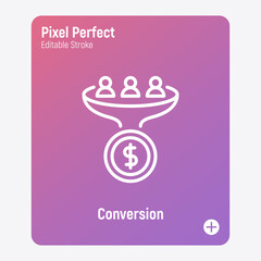 Traffic conversion thin line icon. Internet marketing, funnel for visitors. Editable stroke, pixel perfect. Vector illustration.