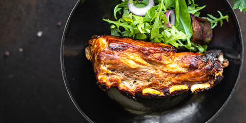 fried ribs meat pork beef or lamb marinated sauce hot spices trend meal snack copy space food background rustic. top view