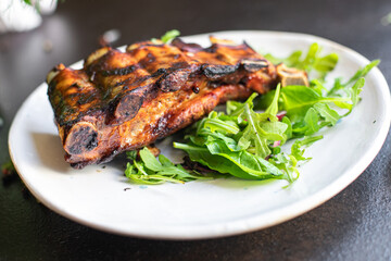 fried ribs meat pork beef or lamb marinated sauce hot spices trend meal snack copy space food background rustic. top view